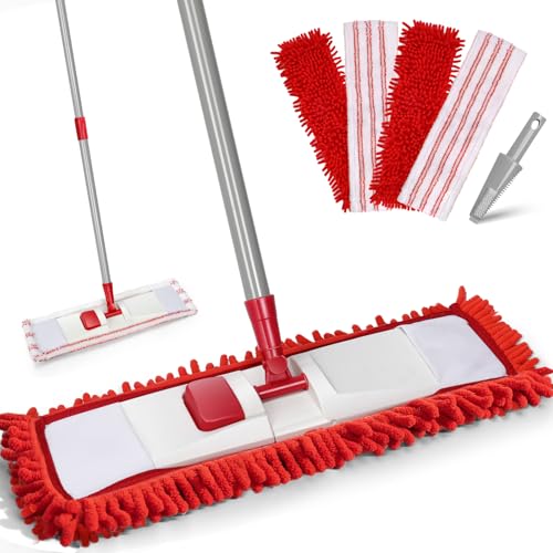 Eukue Bodenwischer Set, Chenille Wsichmopp mit 4 Moppkopf, Mikrofaser Wischer Flachmop Set mit Einstellbar Edelstahlgriff Geeignet für Alle Boden, Rot von Eukue