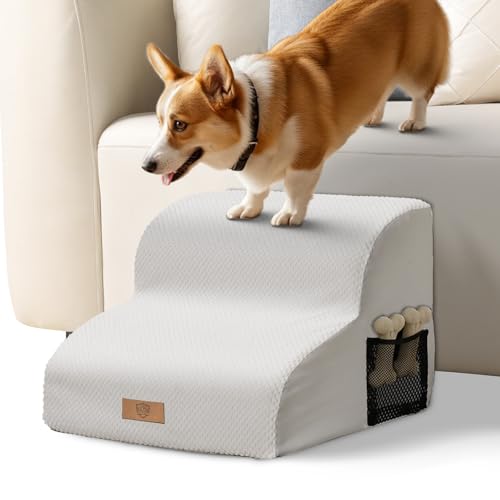 Eukue Hundetreppen für Kleine Hunde, 2 Stufen Hunderampe für Bett und Sofa, Haustiertreppe aus Hochdichtem Schaumstoff, Tragbare Treppe für Hunde mit Waschbarem Bezug(Weiß) von Eukue