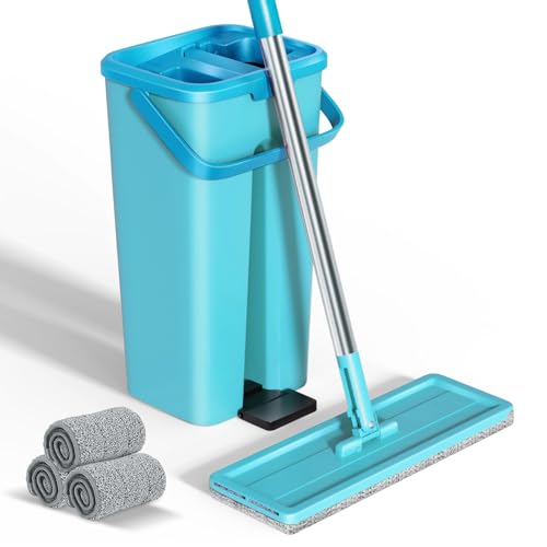 Eukue Wischmopp Set mit Eimer, Bodenwischer Set mit Auswringfunktion, 2 in 1 Putzeimer mit Wischmop, Wischer Mop und Eimer Set mit Einstellbar Edelstahlgriff und 3 Moppkopf für Alle Boden von Eukue