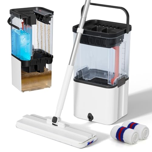 Eukue Wischmopp Set mit Eimer, Bodenwischer mit Auswringfunktion, 2 in 1 Putzeimer mit Wischmop, Wischer Mop und Eimer Set mit Einstellbar Edelstahlgriff und 2 Mikrofaser Moppkopf für Alle Boden von Eukue