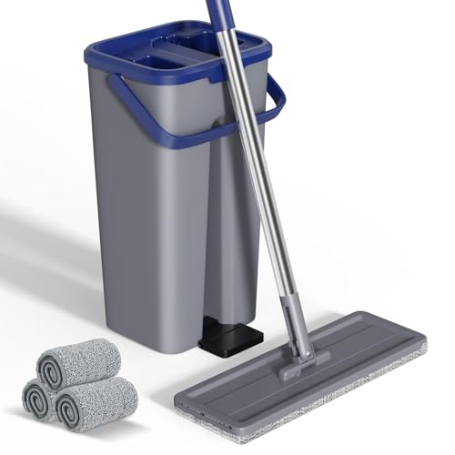 Eukue Wischmopp Set mit Eimer, Mikrofaser Bodenwischer Mop Set mit Auswringfunktion, 2 in 1 Putzeimer mit Wischmop, Wischer mit Einstellbar Edelstahlgriff und 3 Mikrofaser Moppkopf für Alle Boden von Eukue