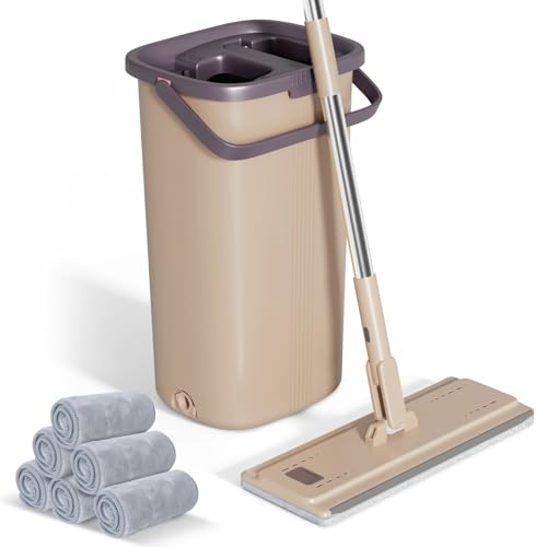 Eukue Wischmopp Set mit Eimer,Bodenwischer mit Auswringfunktion,2 in 1 Putzeimer mit Wischmop,Bodenwischer mit Eimer,Mopp zum Bodenwischen,mit Edelstahlgriff und 6 Mikrofaserpad,für Alle Boden von Eukue