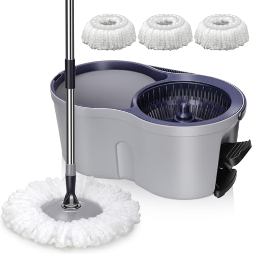 Eukue Wischmopp mit Eimer, Rotierender Bodenwischer mit Pedal, 2-in-1-Reinigungseimer mit Mopp, Rotierender Mikrofaser-Wischmopp mit 3 Pads, für Hartholz, Laminat, Grau von Eukue