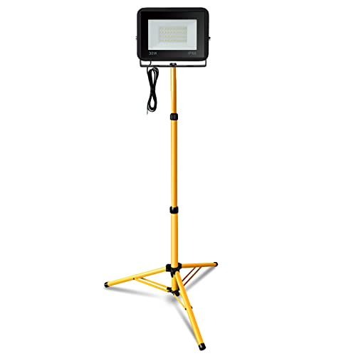 Eulenke 30W LED Baustrahler Warmweiß + Stativ Flutlicht, 3000K 2550LM LED FluterArbeitsscheinwerfer Wasserdicht IP66 für Innen-und Außenbereich Sportplatz, Platz(mit 1m Kabel,kein Stecker) von Eulenke