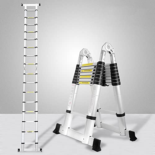 Eulenke 5M (2,5+2,5M) Teleskopleiter, Rutschfester Klappleiter 150 kg Belastbarkeit, Aluleiter Haushaltsleiter für Hausreparaturen Dekoration Wandanstrich, Ausziehbare Leiter, Multifunktionsleiter von Eulenke