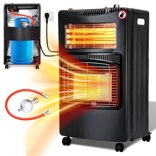 Eulenke Gasheizung für Innenräume, 4200w Keramik Gasheizer + 1260w Infrarot Heizstrahler inkl. Gasdruckregler & Gasschlauch, 3 Heizstufen Gasofen, Butan- oder Propangasflaschen bis 15kg von Eulenke