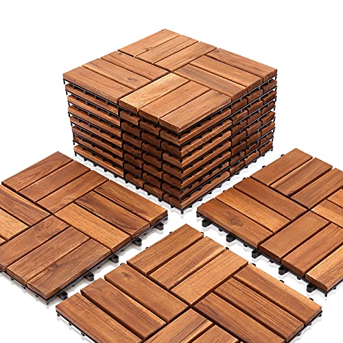 Eulenke Holzfliesen Terrassenfliesen aus Akazien Holz, 4m², 44 Stück Gartenfliesen 30 x 30 cm, Klickfliesen Terrassenfliese 12 Latten Fliese für Garten, Terrasse, Balkon von Eulenke