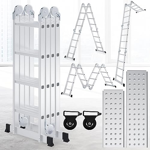 Eulenke Klappleiter 4 x 4 Stufen, Mehrzweckleiter 470cm, Leiter aus Aluminiumlegierung, Trittleiter, Aluleiter,Multifunktionsleiter bis 150kg, Mit Zwei Plattformplatten und Rädern von Eulenke