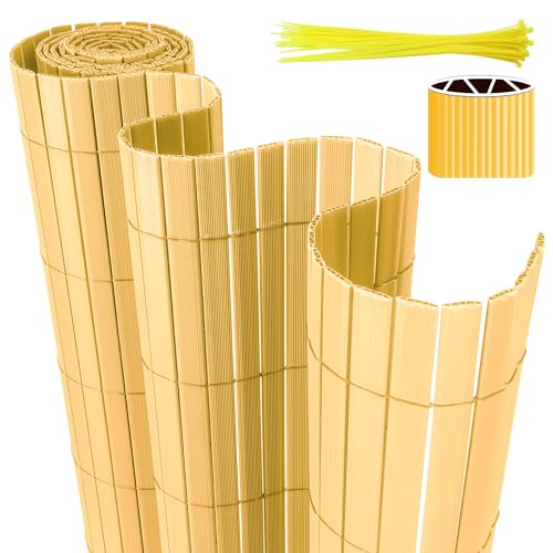 Eulenke PVC Sichtschutzmatte, 140 x 400cm Sichtschutzzaun mit Kabelbindern, Innen W-Struktur Verstärkte Lamellen, Windschutz Balkon sichtschutz für Zaun Garten Terrasse, Bambus von Eulenke