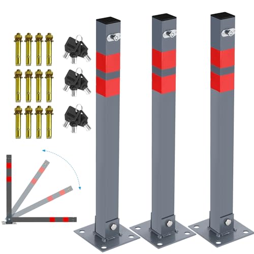 Eulenke Parkpfosten Klappbar 3er, Parkplatzsperre Quadratisch mit 9 Schlüssel und 6 Reflexstreifen Sperrpfosten Robust Stabil Stahl Standfuß Absperrpfosten, Parkplatzsperren von Eulenke