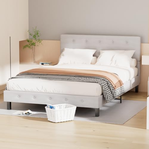 Eulenke Polsterbett 140x200cm, bettgestell mit Kopfteil, Stabiler Holzlattenrost + weichem Stoff, Hochwertiges Einzelbett Doppelbett, Matratze Nicht im Lieferumfang enthalten, hellgrau von Eulenke