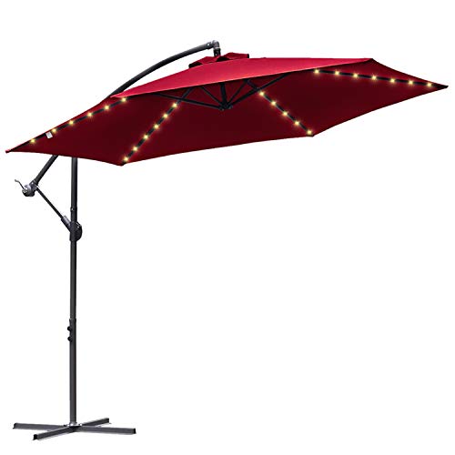Eulenke Sonnenschirm LED Solar 300 cm, Ampelschirm mit Ständer und Kurbel, 6 Stahlverstrebungen, Neigungswinkel und Höhe verstellbar, Wasserabweisend und UV-Schutz Gartenschirm, Rot von Eulenke