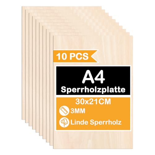 Eulenke Sperrholzplatte 3mm, 10 stück A4 Sperrholz, Holz Platten zum Basteln - 300 * 210 * 30mm Spanplatte, Geeignet für Holzbearbeitung DIY, Laserbearbeitung, Modellbau, Ölmalerei, Deko von Eulenke