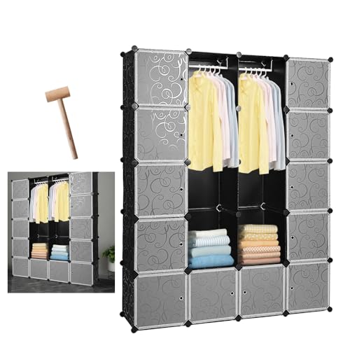 Eulenke Steckregalsystem: 20 Würfel Regal aus robustem Kunststoff in Schwarz-Weiß-Design, 2 Kleiderstangen, 12 Türen & Garderobe von Eulenke