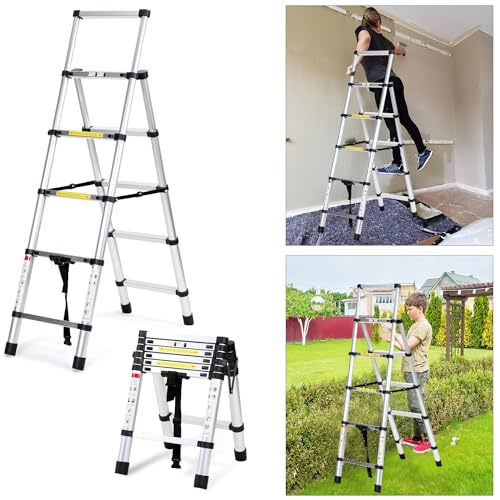 Eulenke Teleskopleiter 1.4m+1.7m Aluminium Trittleiter 4+5 Stufen Tragbare rutschfeste Klappleiter, 150 kg Belastbarkeit Stehleiter, Aluleiter für Drinnen, Draußen, Mehrzweckleiter, Haushaltsleiter Eulenke Teleskopleiter 1.4m+1.7m Aluminium Trittleiter 4+5 Stufen Tragbare rutschfeste Klappleiter, 150 kg Belastbarkeit Stehleiter, Aluleiter für Drinnen, Draußen, Mehrzweckleiter, Haushaltsleiter von Eulenke