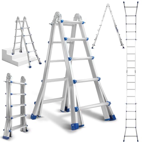 Eulenke Teleskopleiter 5.13m 4x5 Sprossen Mehrzweckleiter Aluleiter, 4 in 1 Klappleiter 150 kg Belastbarkeit, Anlegeleiter, Treppenleiter, Bockleiter, Schiebeleiter von Eulenke