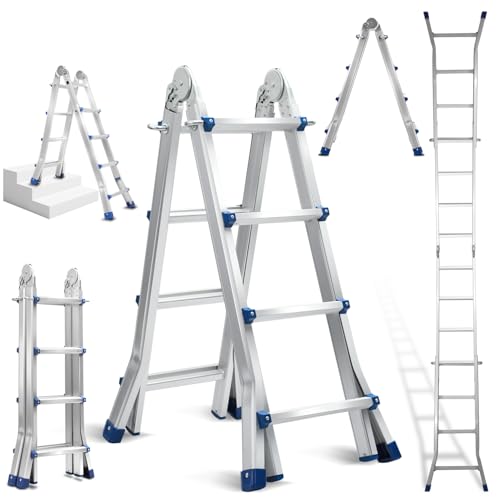 Eulenke Teleskopleiter Aluleiter 4.02m 4x4 Sprossen Mehrzweckleiter, 4 in 1 Klappleiter 150 kg Belastbarkeit, Anlegeleiter, Treppenleiter, Bockleiter, Schiebeleiter von Eulenke