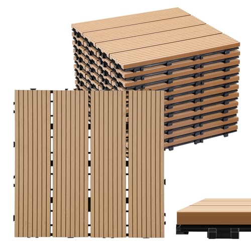 Eulenke WPC Terrassenfliesen 110 Stück, 30x30 cm Terrassendielen für Balkon Boden, Klickfliesen, Balkonfliesen in Holzoptik, Bodenbelag Wetterfest für Terrasse, für 10 m², Teak von Eulenke
