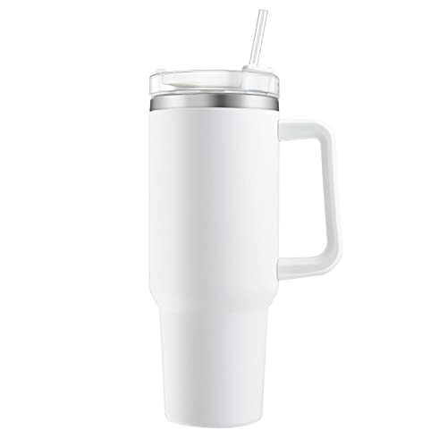 40oz Doppelwandiger Edelstahl Vakuum Isolierbecher Becher ,1200ml Tumbler Trinkbecher mit Griff Strohhalm Isolierter Kaffeebecher Autobecher Reisebecher Thermobecher Für Kalte Heiße Getränke (Weiß) von Euleryoo