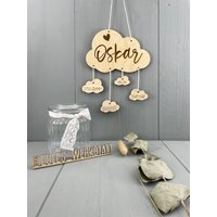 Baby Mobile Wolke Geburtsschild Geburtsdaten Name Hallo Holz - 000101 von EulesWerkstatt