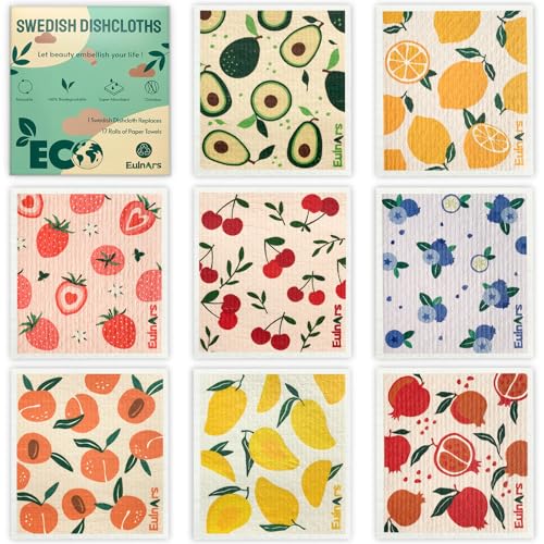 Eulnars Schwedische Geschirrtücher für die Küche, 8 Stück, Obst, schwedische Geschirrtücher, wiederverwendbar, waschbar, biologisch abbaubar, kratzfeste Zellulose-Schwammtücher, kein Geruch Eulnars Schwedische Geschirrtücher für die Küche, 8 Stück, Obst, schwedische Geschirrtücher, wiederverwendbar, waschbar, biologisch abbaubar, kratzfeste Zellulose-Schwammtücher, kein Geruch von Eulnars