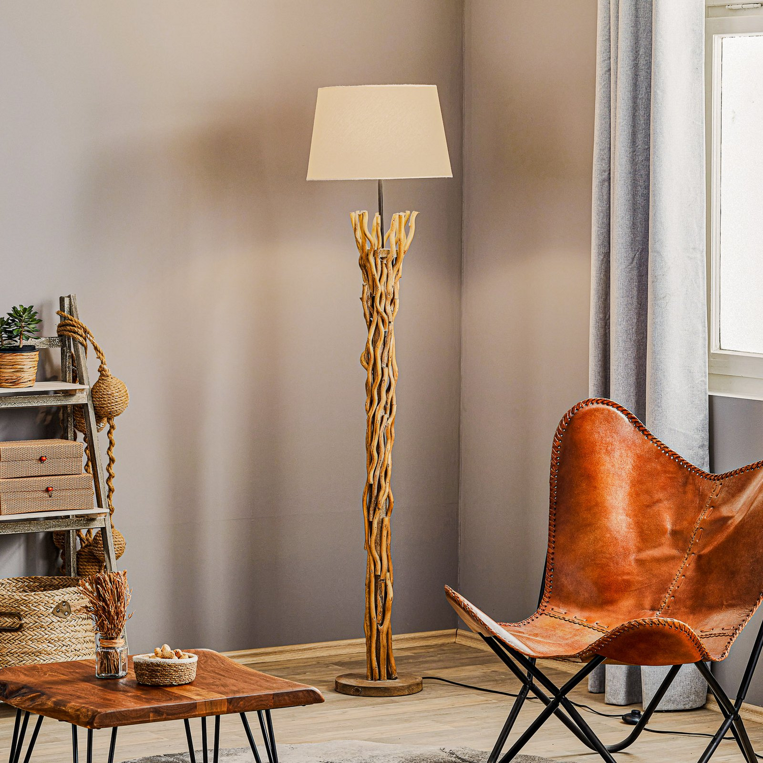 Euluna Stehleuchte Agar Stehlampe Lampe Leuchte E27 1 Flammig Stoff Holz B-Ware von Euluna