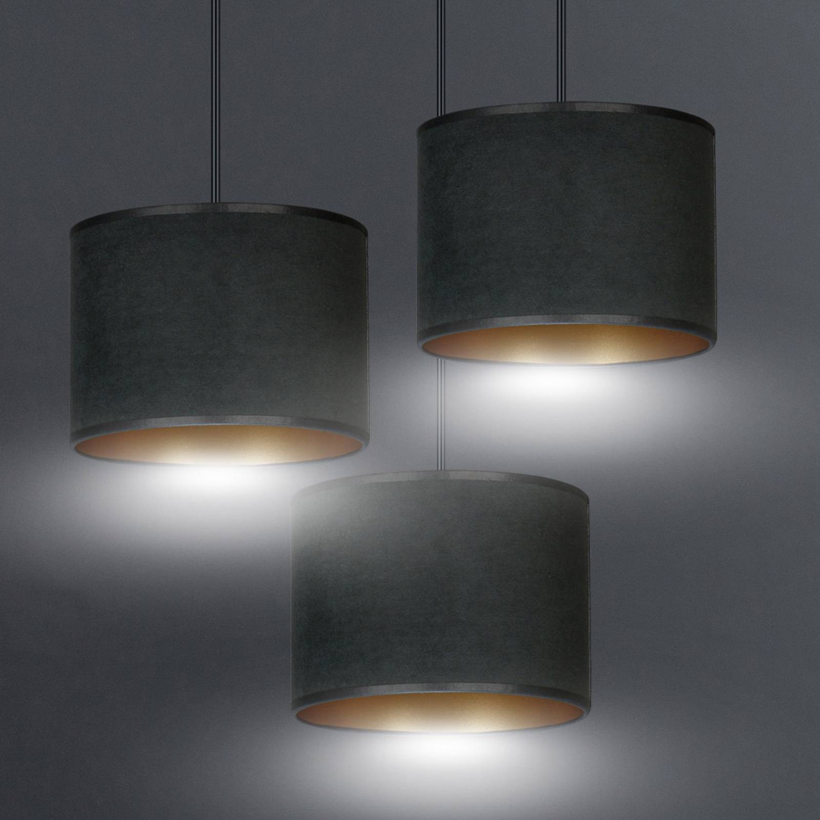 Hängelampe Jari Stoffschirm 3fl rund schwarz-gold von EMIBIG LIGHTING