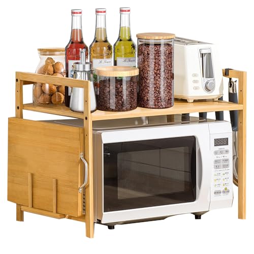 Eumatenova Bambus Mikrowellenregal，Mikrowelle Regal, 2 Tier Mikrowellenherd Stand Toaster Regal Gewürzregal Lagerregale mit 4 Hacken und Schneidebrettständer von Eumatenova