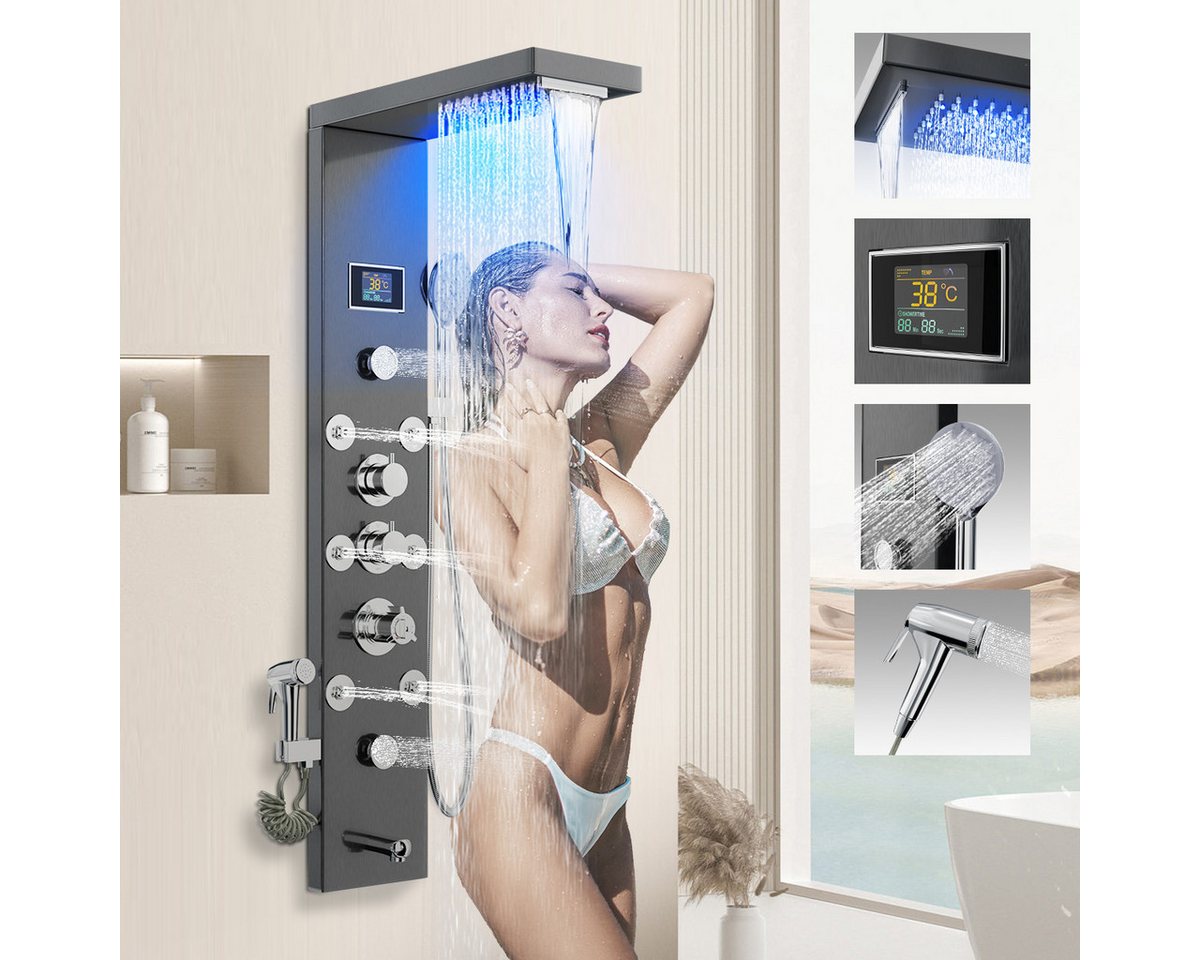 Eumaty Duschsystem Brausegarnitur Duschsäule Massagedusche, Regendusche, mit Handbrause, 6 Strahlart(en), 1 tlg., Multifunktion Duschamaturenset 304 Edelstahl mit LED-Lichter, Duschpaneel Edelstahl mit Thermostat für Badezimmer Dusche von Eumaty