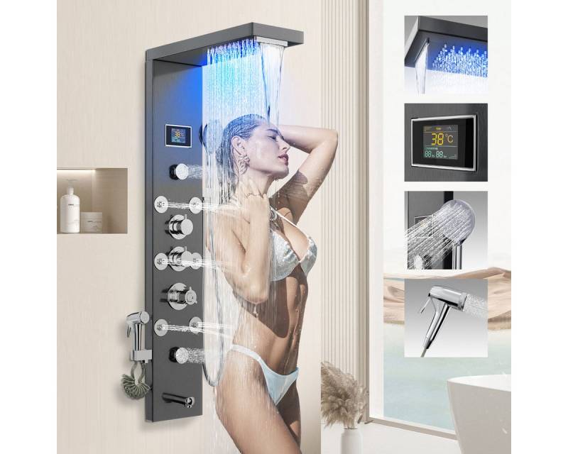 Eumaty Duschsystem Brausegarnitur Duschsäule Massagedusche, Regendusche, mit Handbrause, 6 Strahlart(en), 1 tlg., Multifunktion Duschamaturenset 304 Edelstahl mit LED-Lichter, Duschpaneel Edelstahl mit Thermostat für Badezimmer Dusche von Eumaty