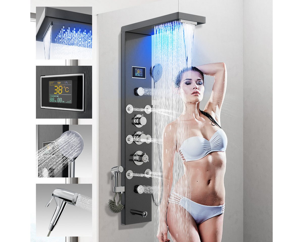 Eumaty Duschsystem Duschpaneel mit Thermostat Regendusche Massagedusche Edelstahl, 6 Strahlart(en), Komplettset, Multifunktion Duschamaturenset Duschsystem, Duschset Duschpaneel mit Armatur,Temperaturanzeige,8 Massagedüsen von Eumaty