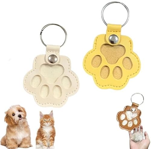 Eunmsi Dog Hair Collector Keychain,Cute Paw Shaped Pet Memorial Keepsake Keychain,Pet Hair Memorial Keepsake, Leather Memorial Dog Hair Keepsake Keychains, Pet Memorial Gifts (Beige+Yellow) von Eunmsi