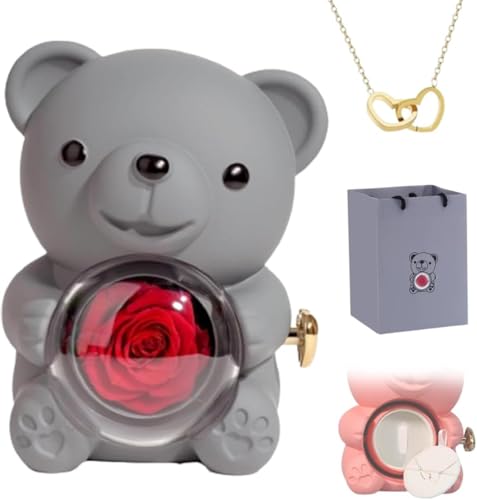 Eunmsi Engraved Heart Necklace with Real Rose Bear Giftbox,Preserved Rose Hug Bear Gifts for Women,Preserved Rose Gifts Set,Eternal Rose Flowers Flip Bear Jewelry Box,for Women's gifts (Gray) von Eunmsi