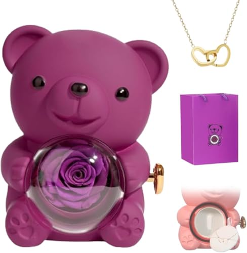 Eunmsi Engraved Heart Necklace with Real Rose Bear Giftbox,Preserved Rose Hug Bear Gifts for Women,Preserved Rose Gifts Set,Eternal Rose Flowers Flip Bear Jewelry Box,for Women's gifts (Purple) von Eunmsi