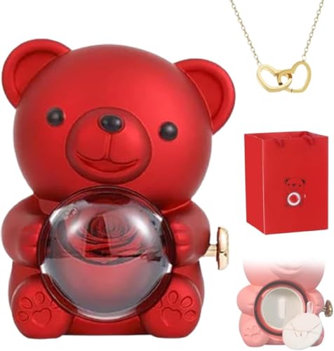 Eunmsi Engraved Heart Necklace with Real Rose Bear Giftbox,Preserved Rose Hug Bear Gifts for Women,Preserved Rose Gifts Set,Eternal Rose Flowers Flip Bear Jewelry Box,for Women's gifts (Red) von Eunmsi