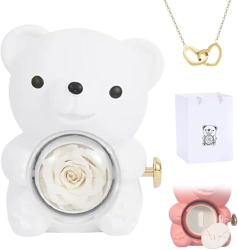Eunmsi Engraved Heart Necklace with Real Rose Bear Giftbox,Preserved Rose Hug Bear Gifts for Women,Preserved Rose Gifts Set,Eternal Rose Flowers Flip Bear Jewelry Box,for Women's gifts (White) von Eunmsi