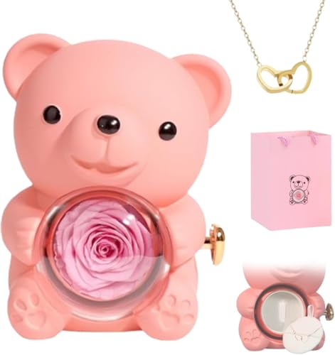 Eunmsi Engraved Heart Necklace with Real Rose Bear Giftbox,Preserved Rose Hug Bear Gifts for Women,Preserved Rose Gifts Set,Eternal Rose Flowers Flip Bear Jewelry Box,for Women's gifts (pink) von Eunmsi