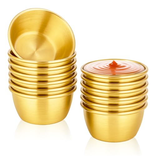 12 Stück Gold Edelstahl Dip-Sauce Cup Auflaufförmchen Soße Dip-Schüssel Mini Untertassen Teller Runde Dippin-G-Schalen für Ketchup Dressing Home Party Restaurant Küche, Gold, 70 ml von EupHHonycs