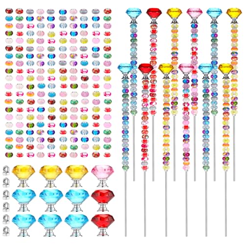 Gartenpfähle, dekoratives Feengarten-Set, DIY-Feen-Zauberstab, Gartenpfahl-Perlen-Set mit 12 bunten Kristall-Stopper-Top, 12 Gewindestangen mit 200 runden Perlen mit großem Loch für den Außenbereich von EupHHonycs
