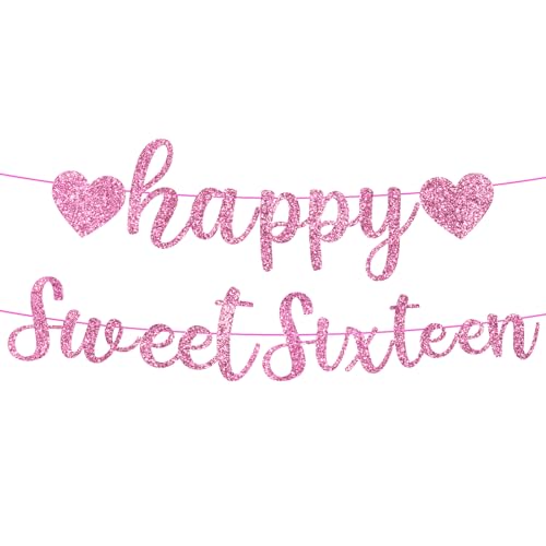 Glitter Happy Sweet 16 Birthday Banner Happy Sweet Sixteen Geburtstagsbanner Sweet Sixteen Dekoration 16 Partyschild Happy Birthday Girlande Sweet 16 Party Dekoration für Mädchen(Rosa) von EupHHonycs