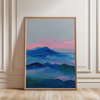 Blue Ethereal Mountain Landscape Poster | Abstract Sunset Wall Art Vibrant Modern Minimalist Nature Decor Dreamy Neon von EuphoriaTheresa