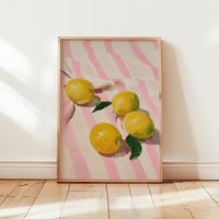 Fresh Lemons Still Life Print | Preppy Dopamine Decor Mediterranean Kitchen Wall Art Pink Striped Picnic Poster Modern Citrus von EuphoriaTheresa