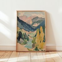 Matisse Inspired Fauvist Landscape Art Print | Abstract Earthy Mountains Painting Mid Century Wall River Poster Botanical von EuphoriaTheresa