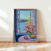 Matisse Open Window | Inspired Art Lemons Print Modern Mediterranean Dopamine Decor Poster Blue von EuphoriaTheresa