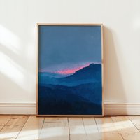 Minimalist Blue Foggy Mountain Landscape Print | Abstract Dreamy Sunset Poster & Pink Nursery Decor Serene Moody Nature Art Minimalist Blue Foggy Mountain Landscape Print | Abstract Dreamy Sunset Poster & Pink Nursery Decor Serene Moody Nature Art von EuphoriaTheresa