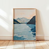 Minimalist Lake Landscape Poster | Serene Blue Decor Mountain Art Print Modern Cabin Aesthetic Calming Fauvist Nature von EuphoriaTheresa