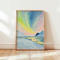 Northern Lights Poster | Winter Painting Scandinavian Decor Glacier Art Print Pastel Snow von EuphoriaTheresa
