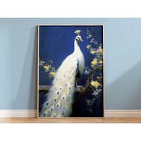 Peacock Poster | White Art Print Impressionist Animal Wall Optional Wooden Frame von EuphoriaTheresa