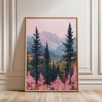 Pink Mountain Forest Art Print | Minimalist Scandinavian Landscape Poster Nordic Nature Aesthetic Valley Wilderness Pink Mountain Forest Art Print | Minimalist Scandinavian Landscape Poster Nordic Nature Aesthetic Valley Wilderness von EuphoriaTheresa