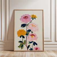 Scandinavian Folk Floral Art Print | Boho Pink Peony Poster Cozy Hygge Botanical Living Room Decor Minimalist Nordic Wall von EuphoriaTheresa